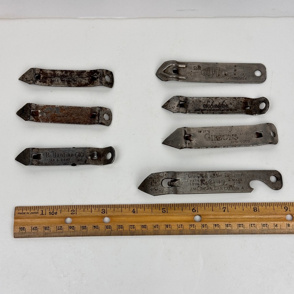 7 Vtg Mixed Advertisement Lot of Metal Can Bottle Openers Rusted Aged Man Cave